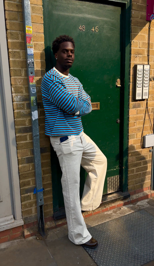Man wearing Blue Stripped Long sleeve